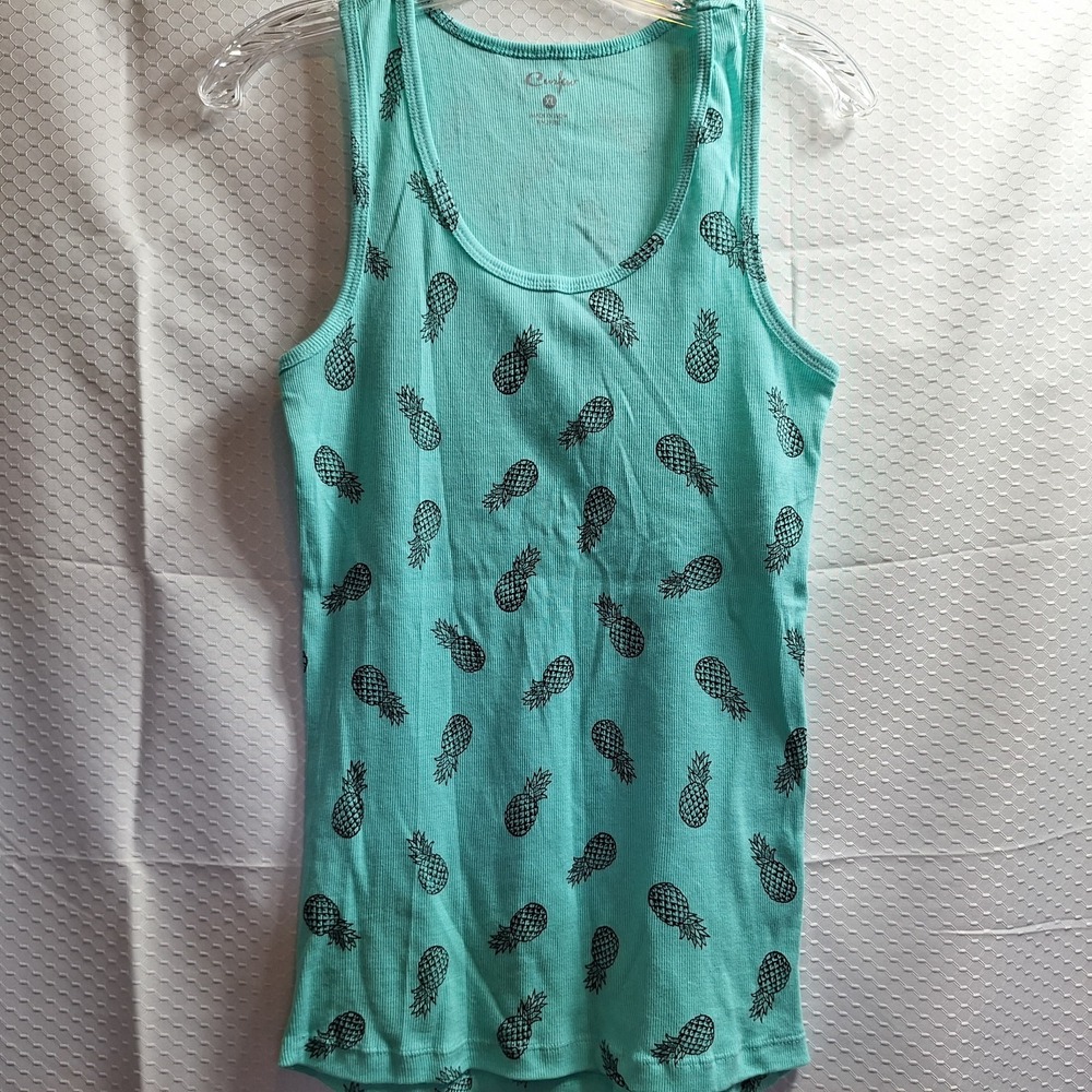 NWT$ Y2K 90s CURFEW Stretch Tank Top Sz XL Teal Black Pineapple Grunge Fairy Fun